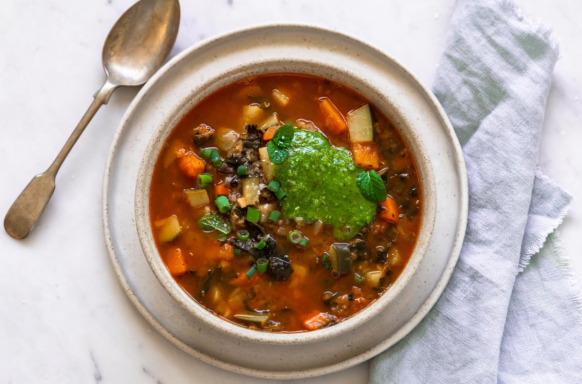 Everything Soup with Spring Onion and Coriander Pesto